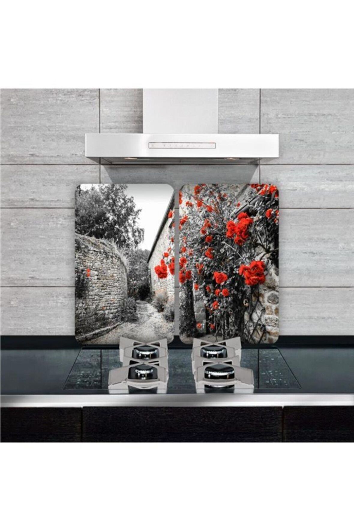 Cam Ocak Koruyucu Ve Kesim Tablası Kırmızı Çiçekler (80cm X 52cm) 2 Parça, 5'li Ocaklar